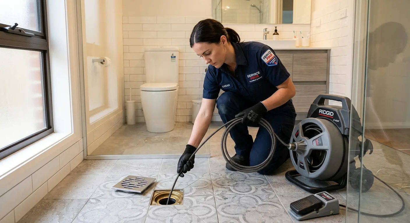 Technician clearing a bathroom floor drain for Hydro Jetting in Destin